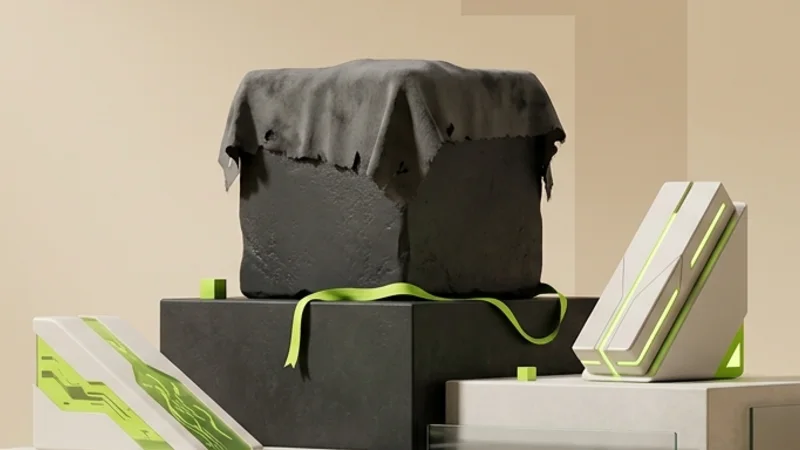 Abstract 3D-podium van charcoal- en off-white blokken op warmbeige vlak, met lime accenten op de bovenste trede waar een traag ogend blok staat